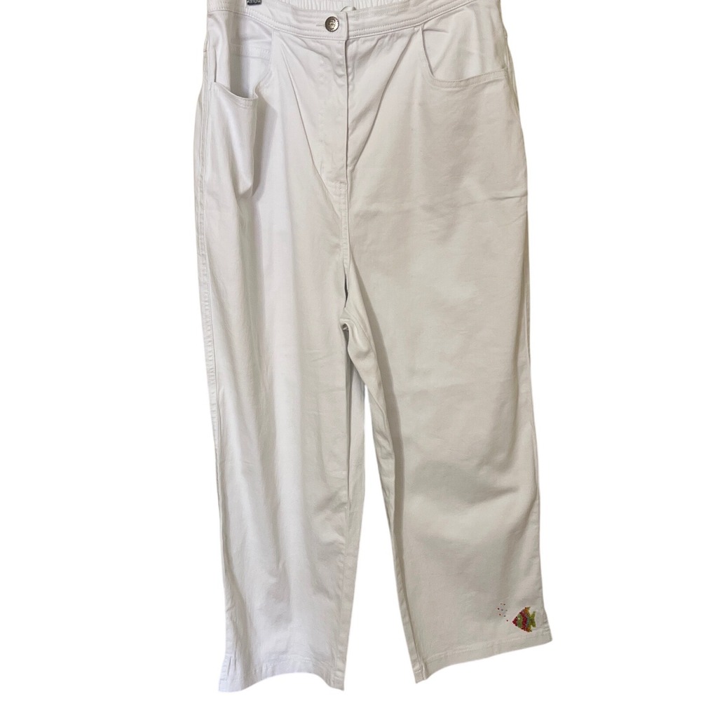 The Quacker Factory Women Large White Beaded Fish‎ Capri Pants Elastic